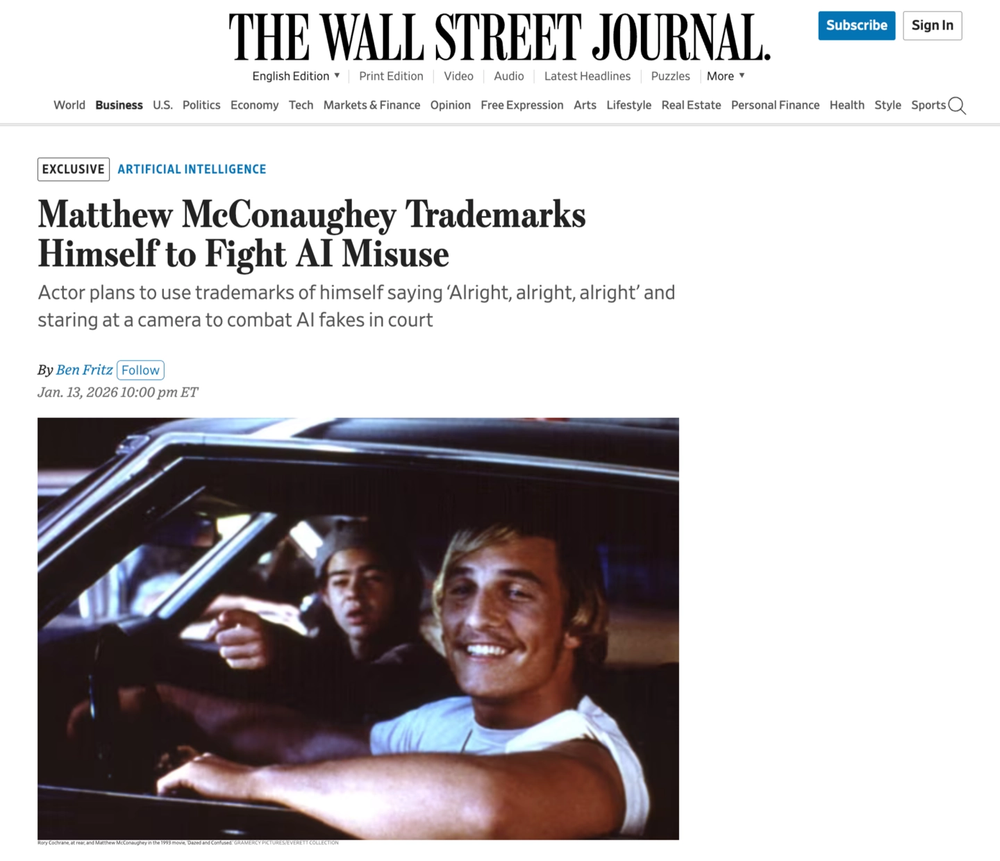 奥斯卡影帝马修·麦康纳申请注册个人影像与声音商标，防止遭 AI 滥用