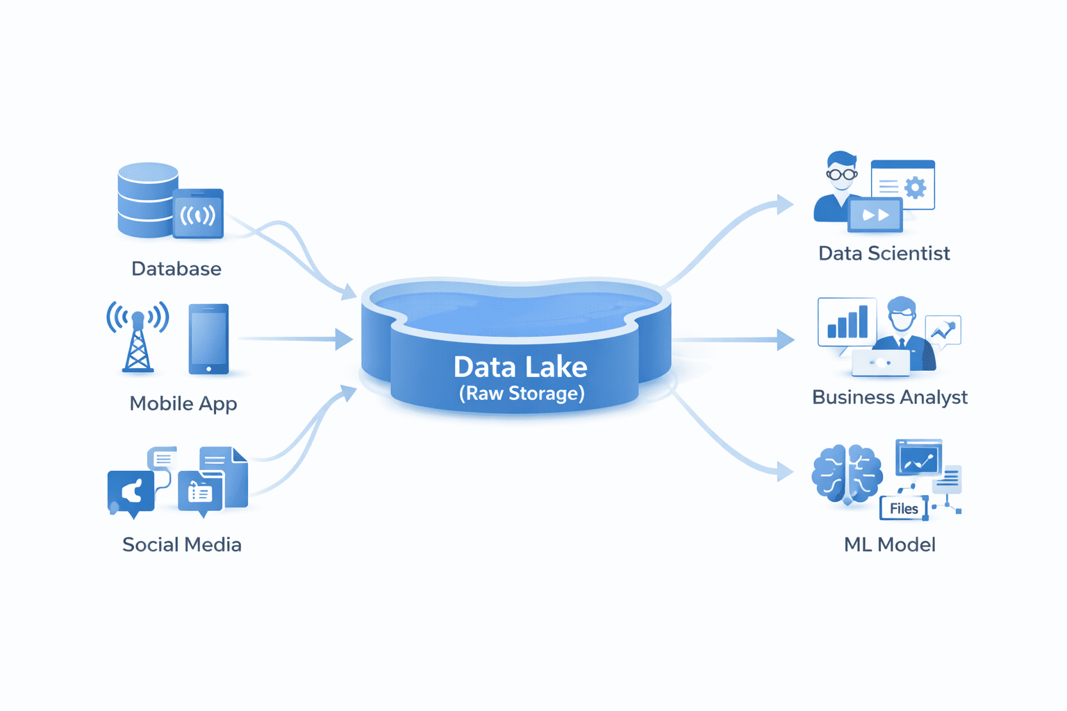 Data lake architecture showing diverse data sources flowing into raw storage with various consumers accessing data