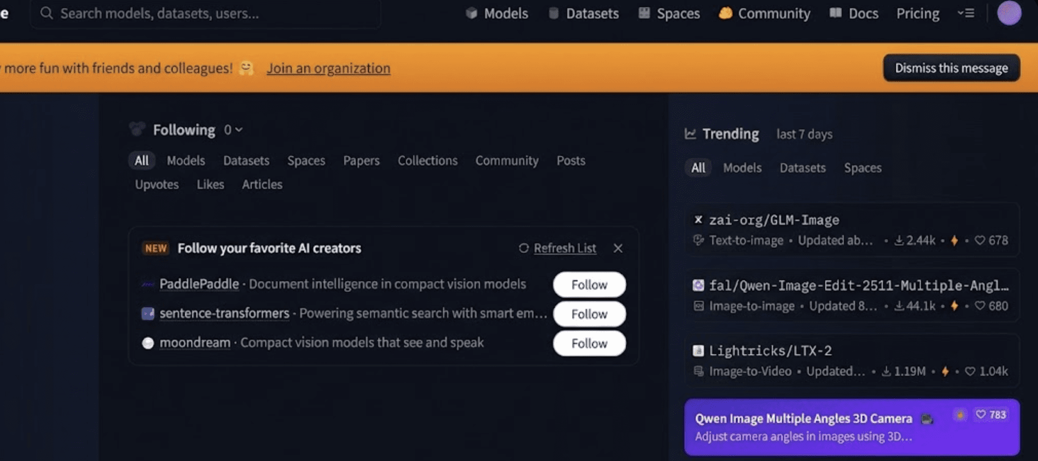 Hugging face website in dark mode
