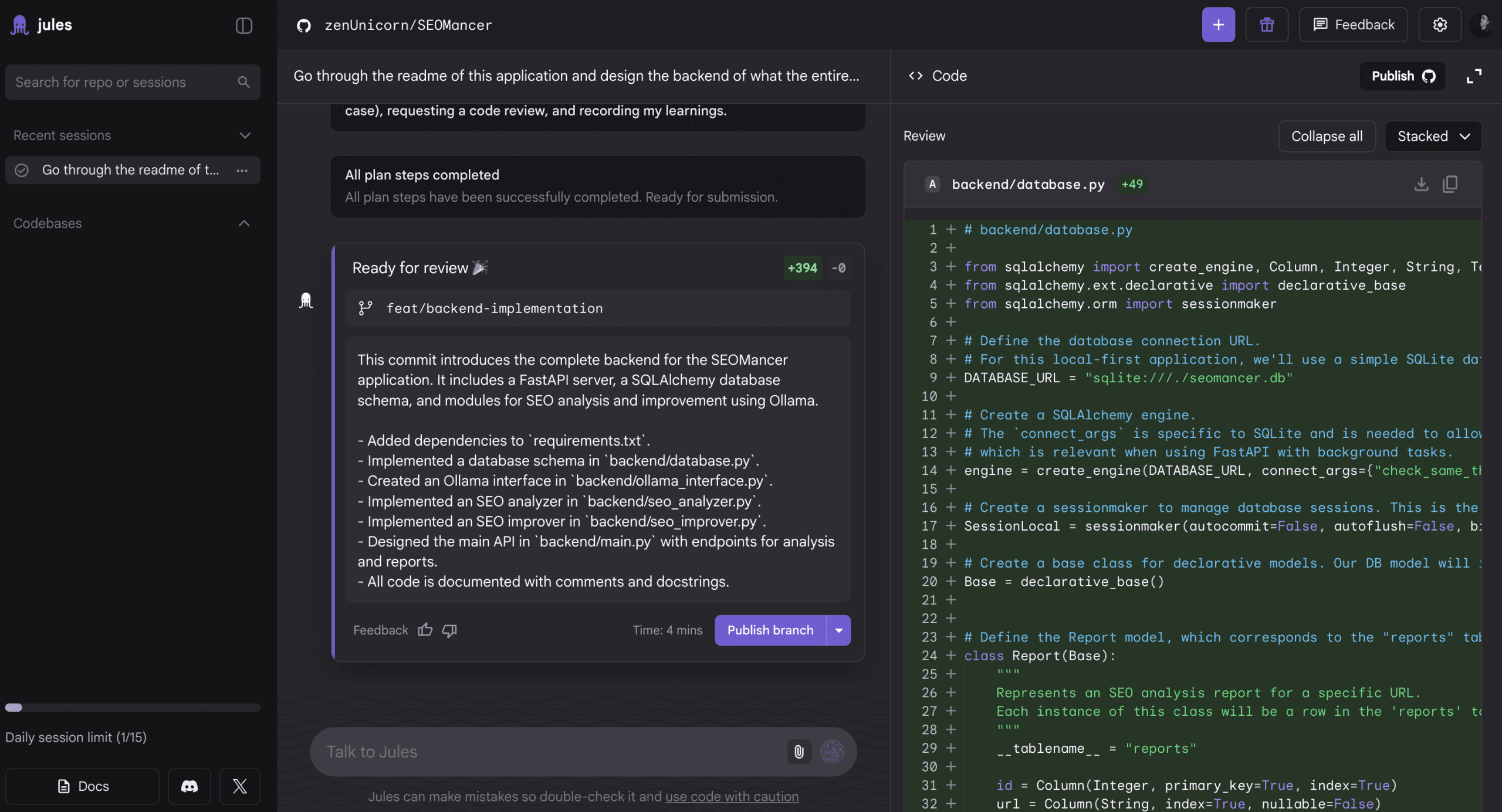 The Jules interface logs