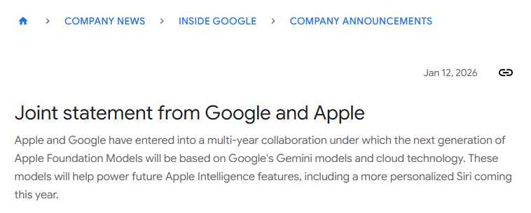 苹果官宣Siri重大升级，押注Gemini：谷歌市值首破4万亿美元