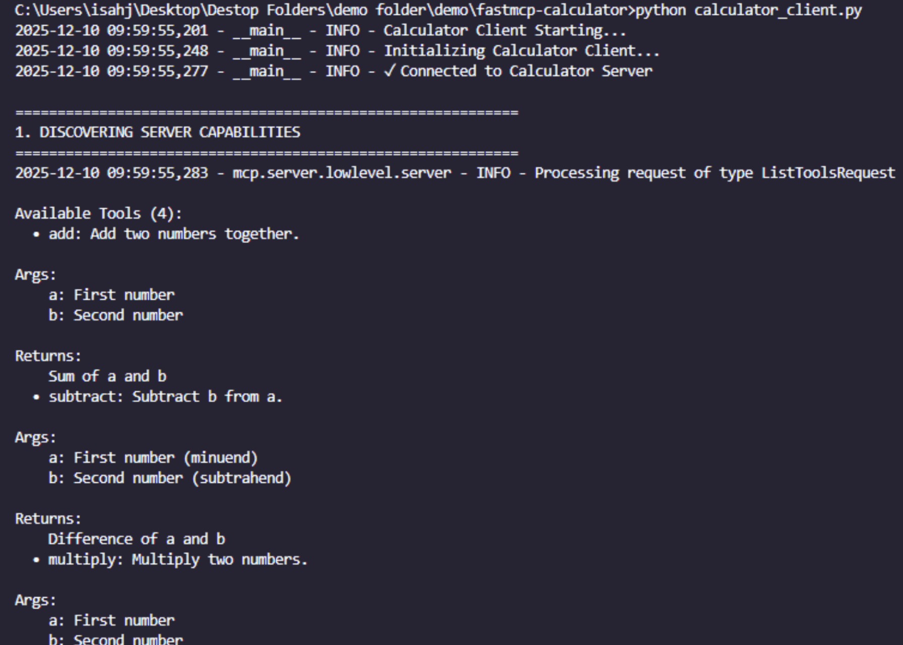 FastMCP Client terminal output