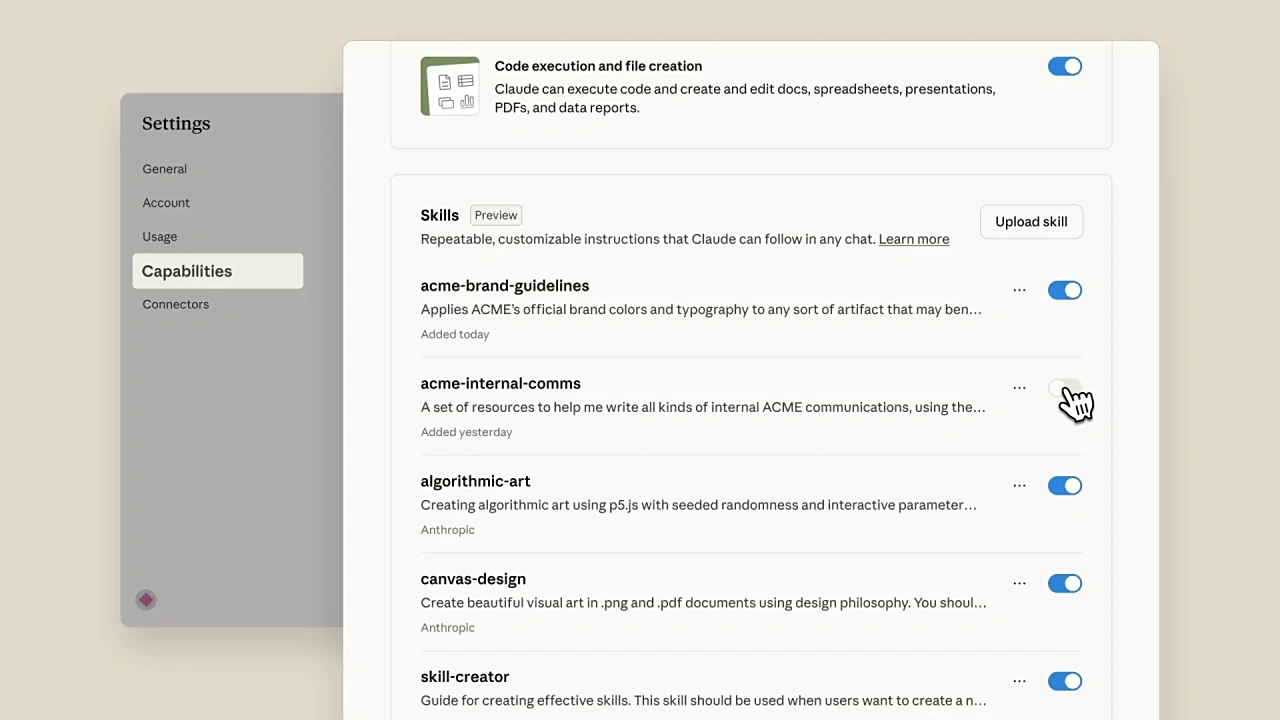 打工人福音！Claude AI 推出全新“技能”功能，自动处理周报、文案等任务，助你早点下班