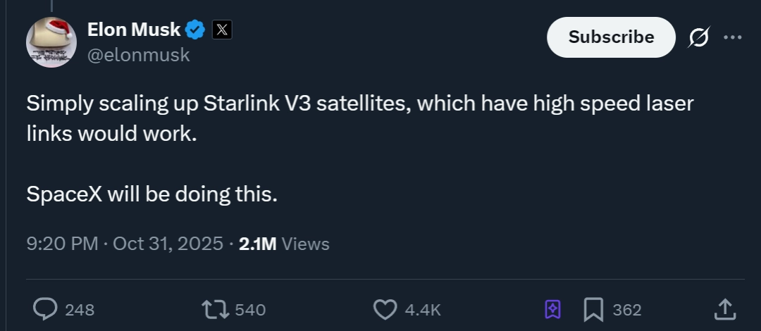 马斯克力推太空数据中心：称其“能耗比地球香太多”