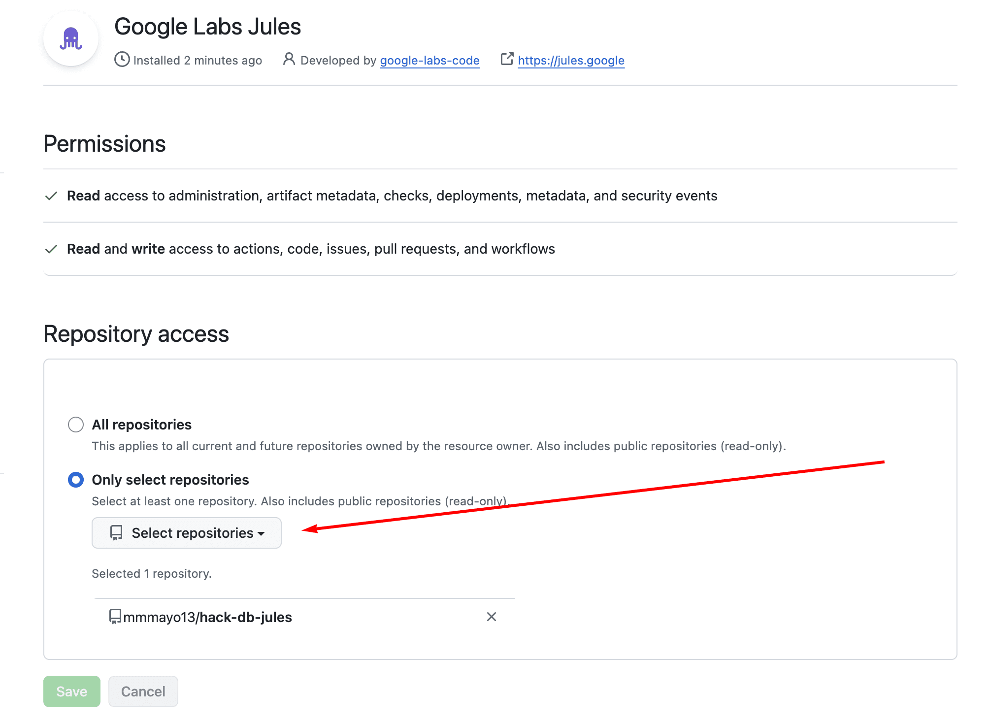 Select the target repository and branch