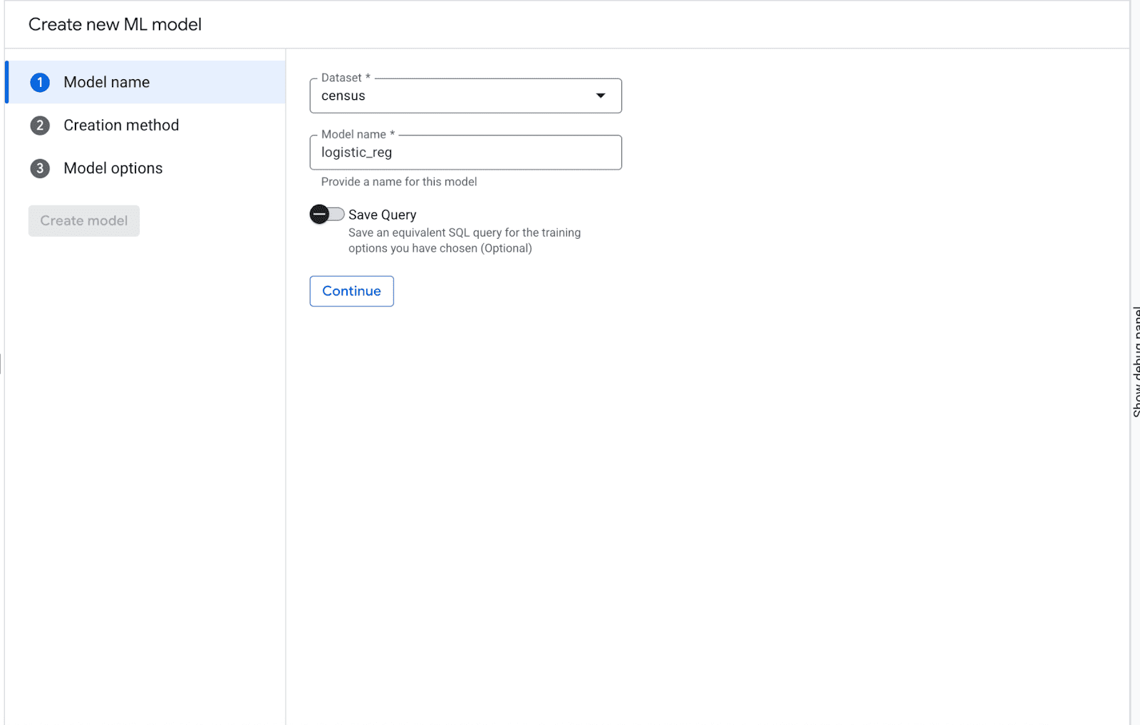 Creating the ML Model in BigQuery UI