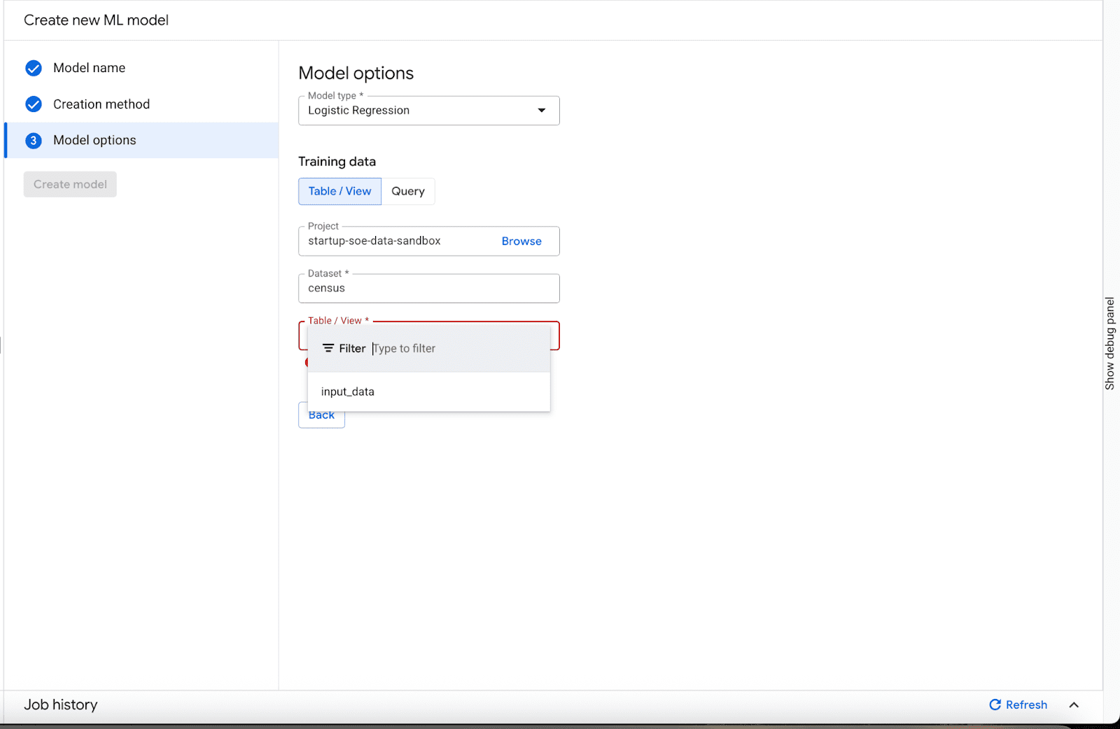 Creating the ML Model in BigQuery UI